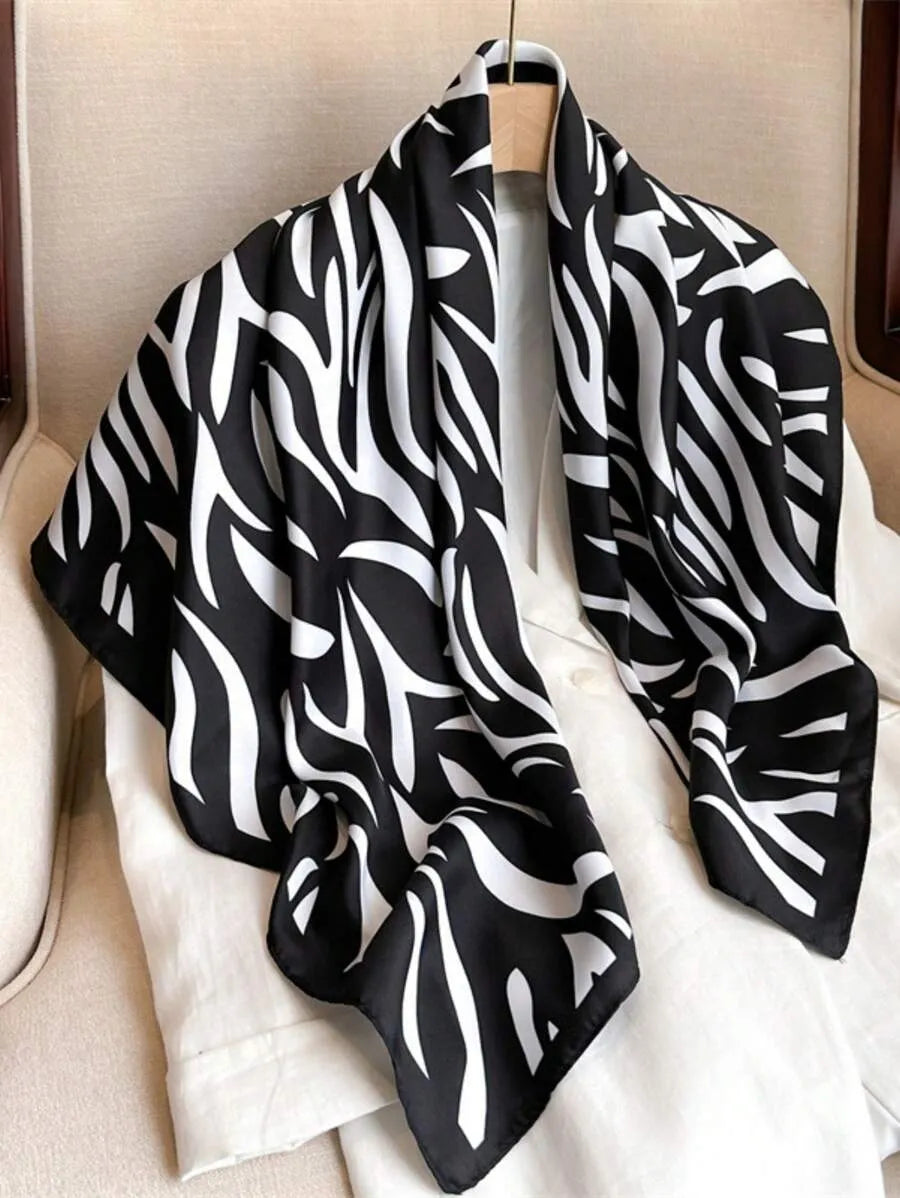 1pc 90x90 Women's Spring And Summer Striped Silk Scarf Twill Scarf Hair Scarf Silk Feeling Versatile Fashion Square Scarf