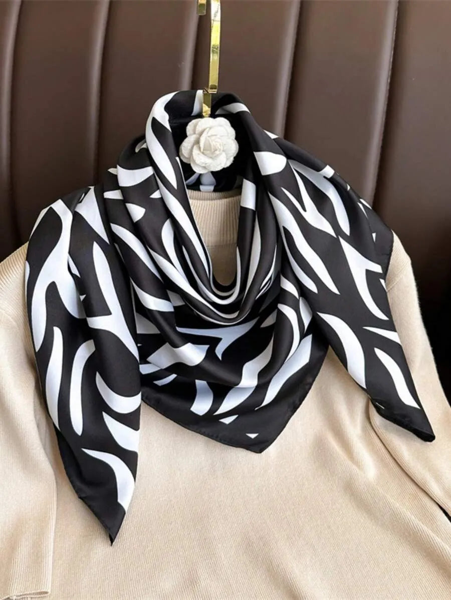 1pc 90x90 Women's Spring And Summer Striped Silk Scarf Twill Scarf Hair Scarf Silk Feeling Versatile Fashion Square Scarf