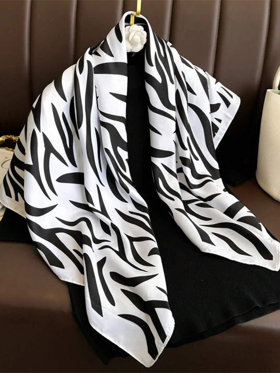 1pc 90x90 Women's Spring And Summer Striped Silk Scarf Twill Scarf Hair Scarf Silk Feeling Versatile Fashion Square Scarf