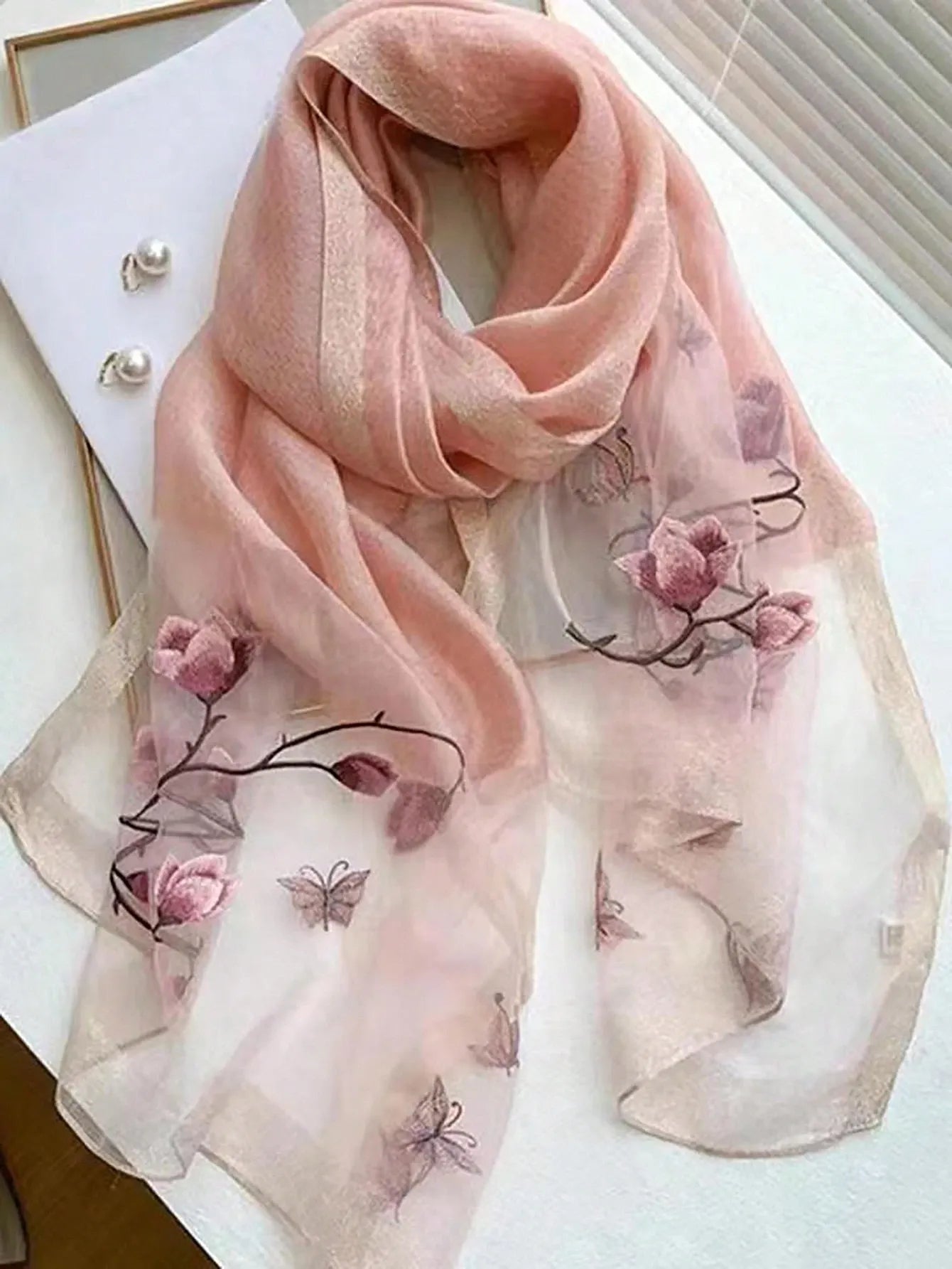 1pc Ladies' Floral Embroidery Fashion Scarf, Daily Silk & Knit Blend Shawl/Pashmina Long Scarf for Outfit Accessories