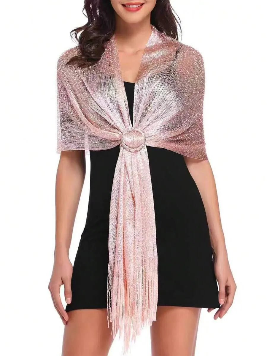 1pc Fringed Long Scarf For Women, Evening Dress Shawl With 1 Shiny Flat Buckle