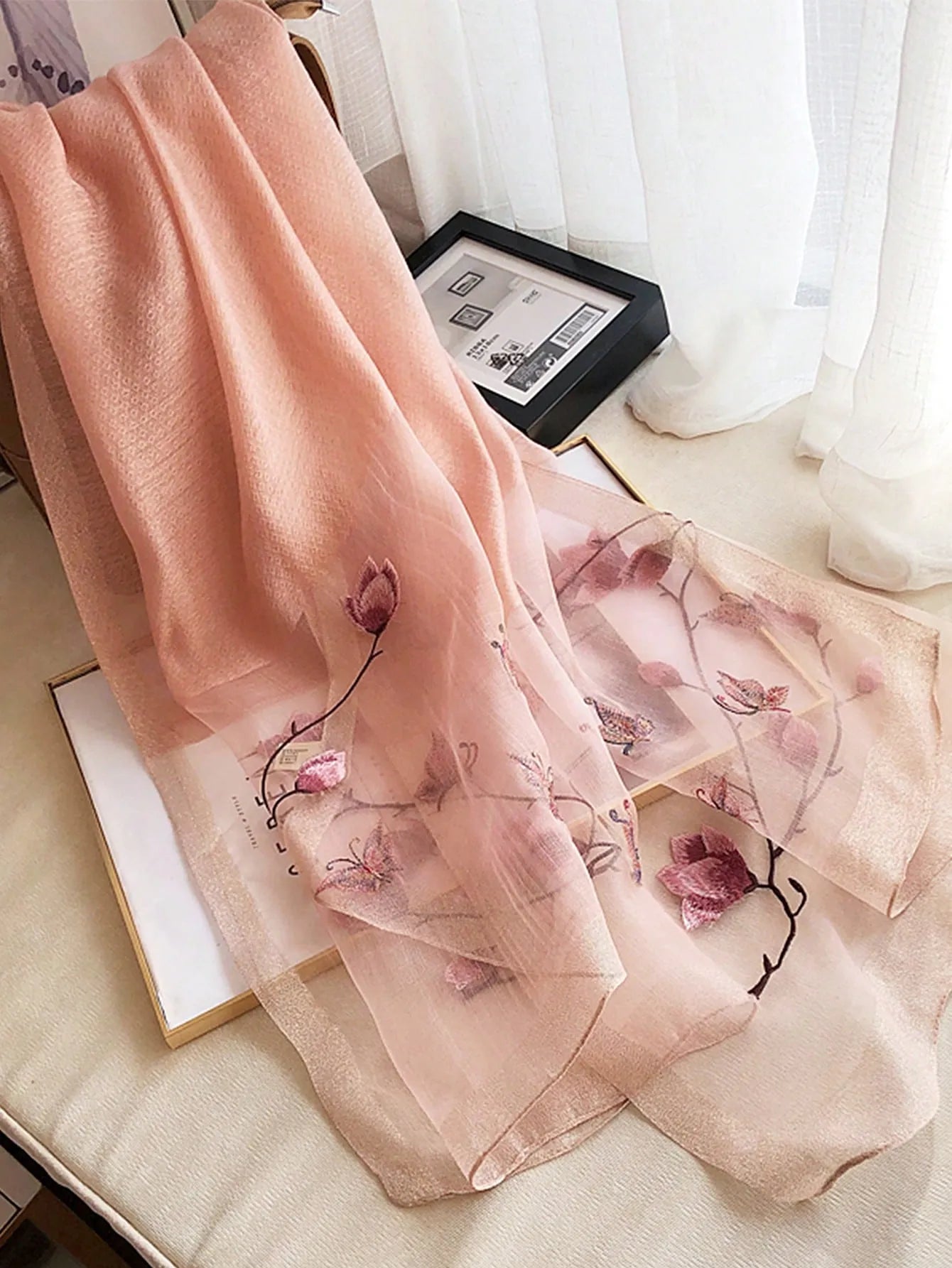 1pc Ladies' Floral Embroidery Fashion Scarf, Daily Silk & Knit Blend Shawl/Pashmina Long Scarf for Outfit Accessories