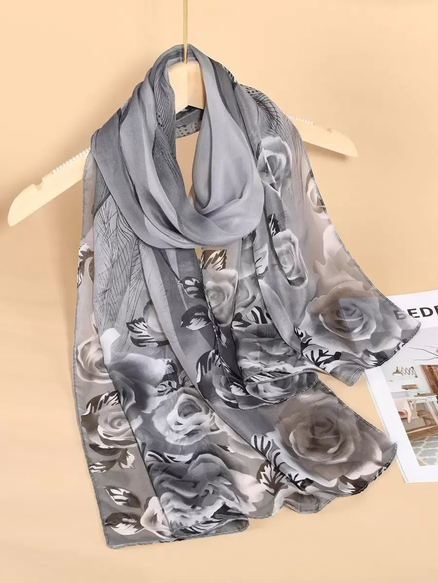 1pc Floral Print Chiffon Scarf Elegant Women Scarf Accessories for Valentine's Day