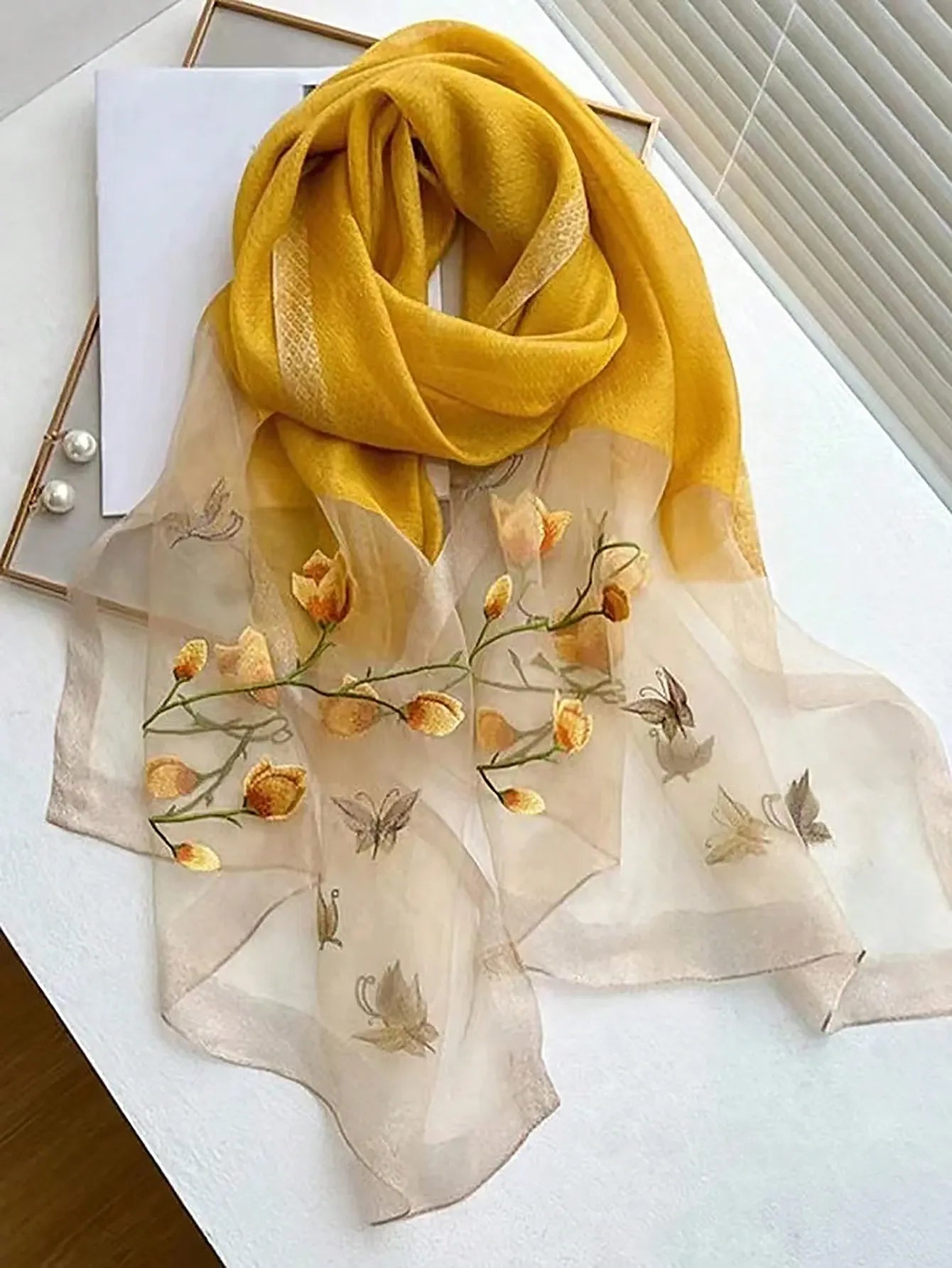 1pc Ladies' Floral Embroidery Fashion Scarf, Daily Silk & Knit Blend Shawl/Pashmina Long Scarf for Outfit Accessories