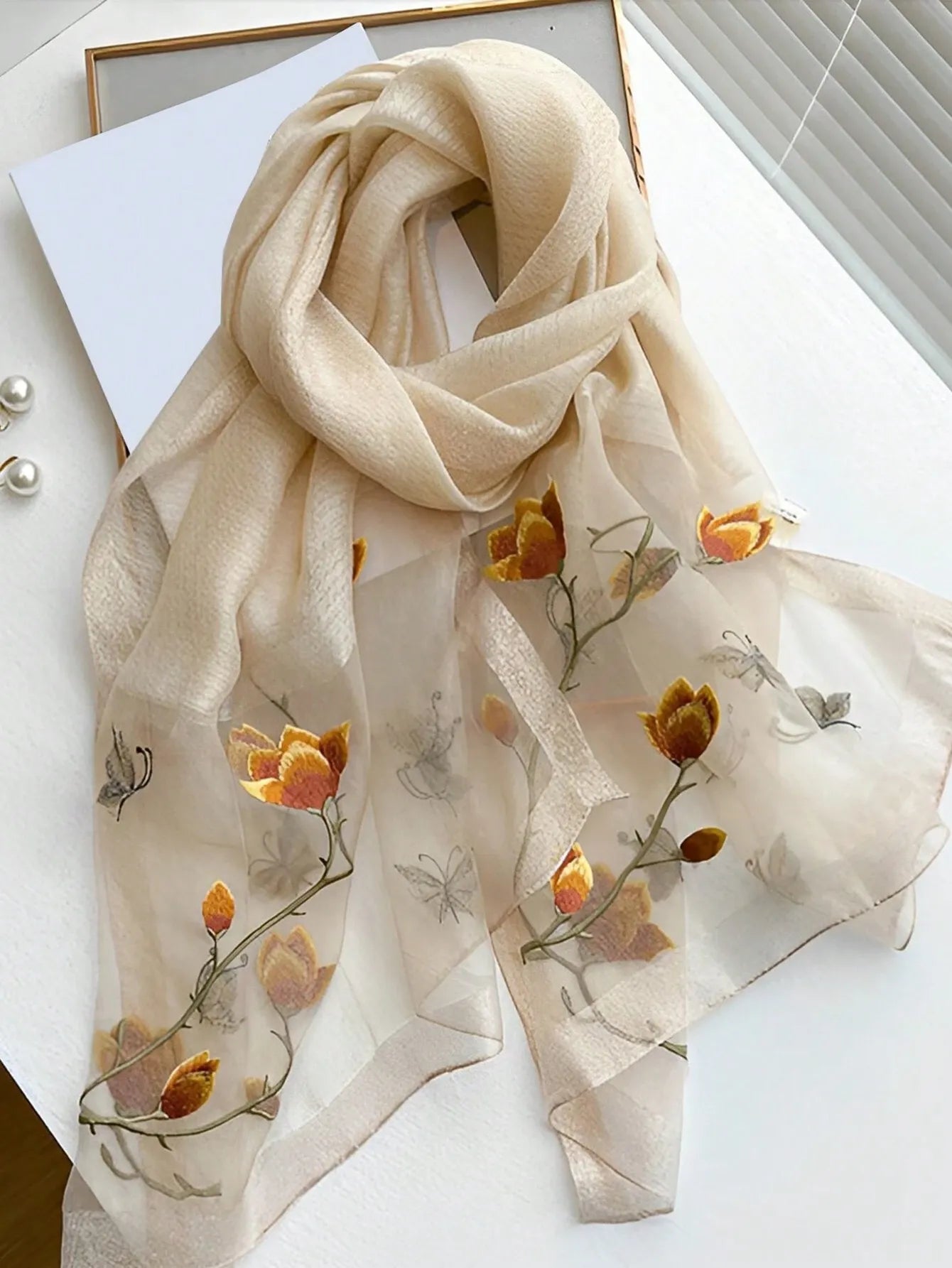 1pc Ladies' Floral Embroidery Fashion Scarf, Daily Silk & Knit Blend Shawl/Pashmina Long Scarf for Outfit Accessories