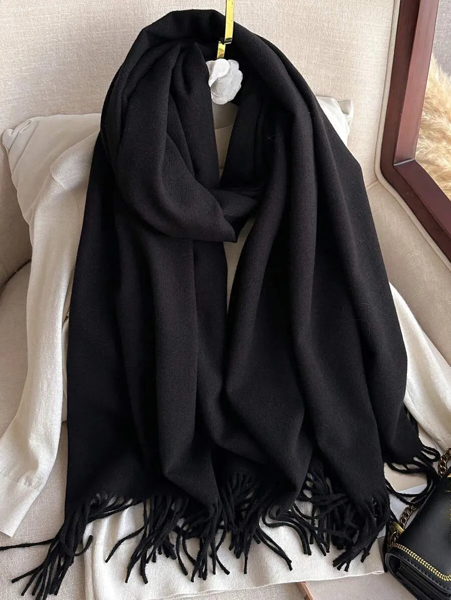 1pc Lady’s Black Cashmere Feel Solid-Colored Scarf With Tassels Soft Shawls For Spring Summer Autumn And Winter