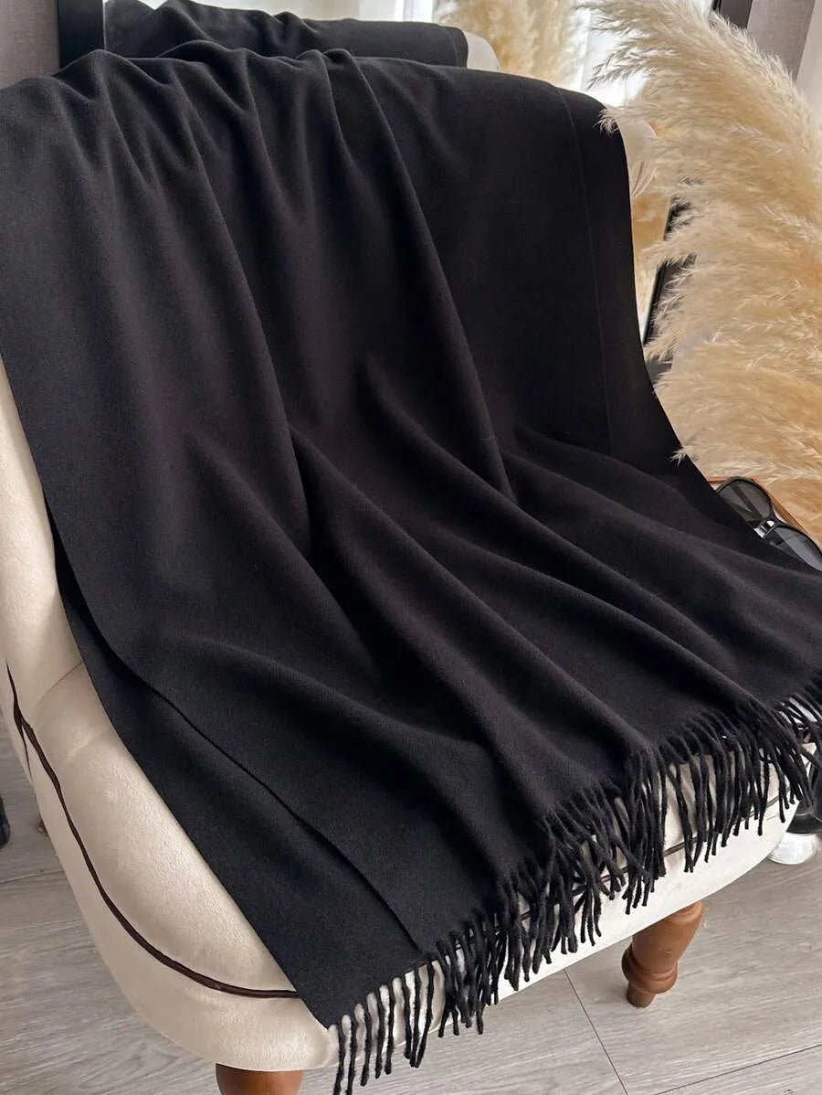 1pc Lady’s Black Cashmere Feel Solid-Colored Scarf With Tassels Soft Shawls For Spring Summer Autumn And Winter